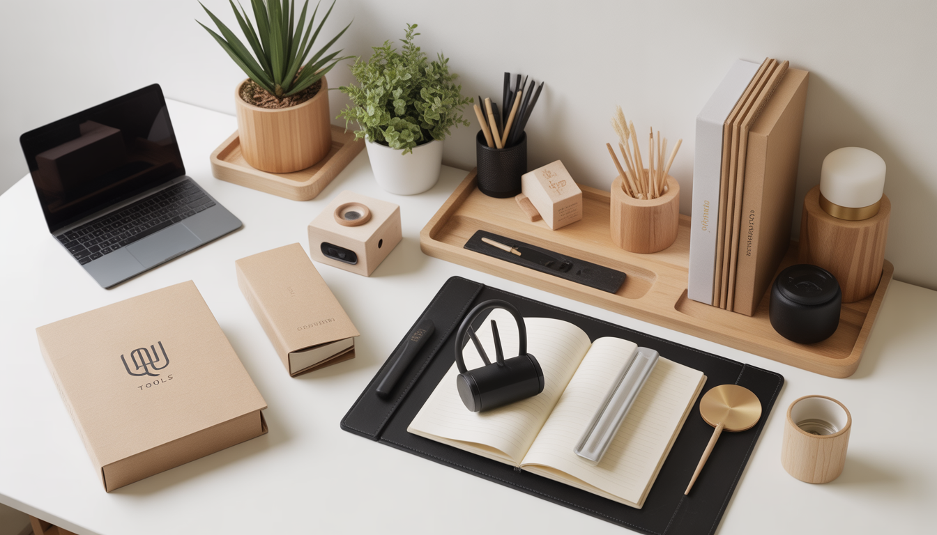 Curated desk setup featuring Quiet Tools packaging from Forcecartilage